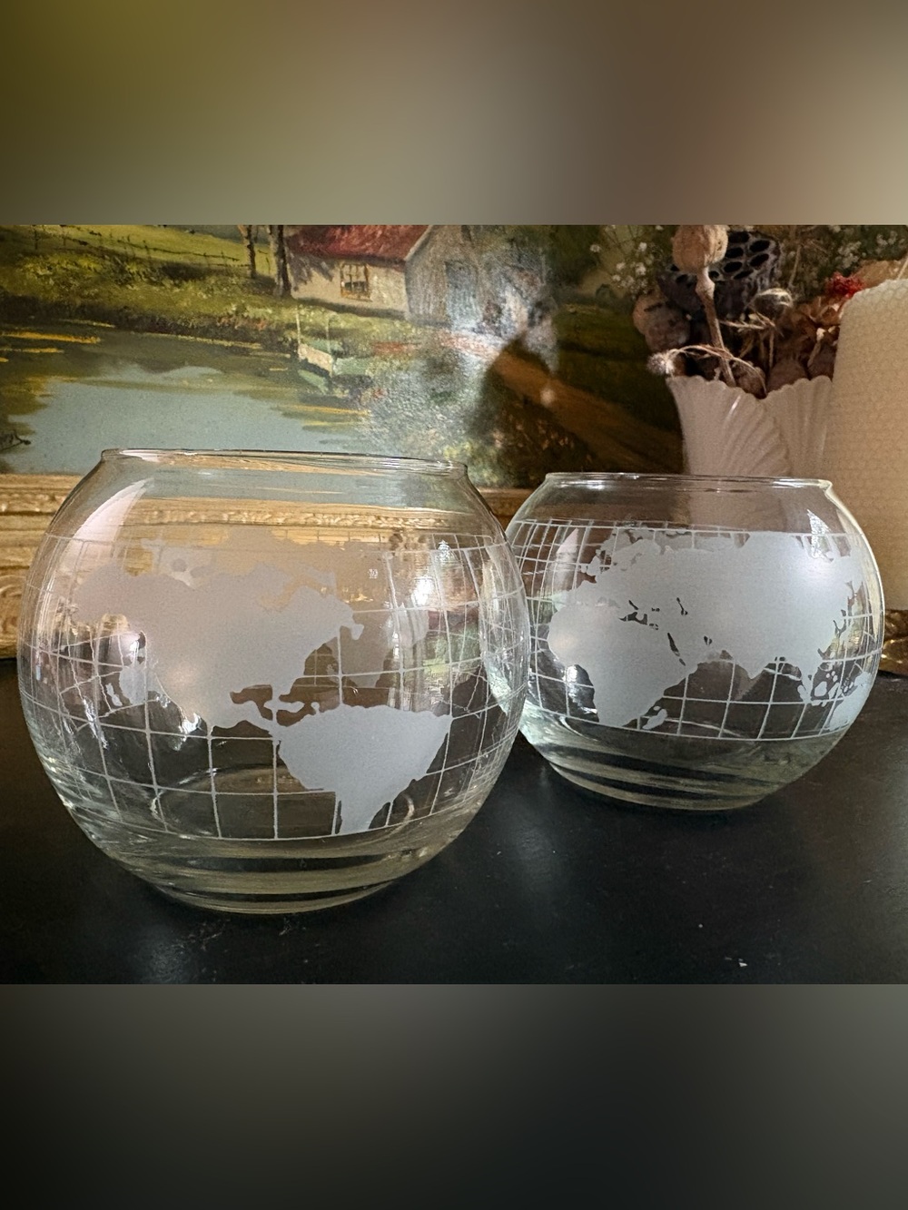 VTG Etched Glass World Globe Oil Candle Base Set of 2 (No Wicks, No Oil)